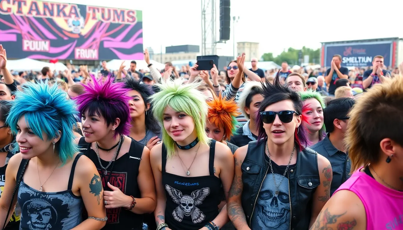 A historic concert venue filled with fans, capturing the atmosphere of the first punk festival that united underground bands and solidified the scene
