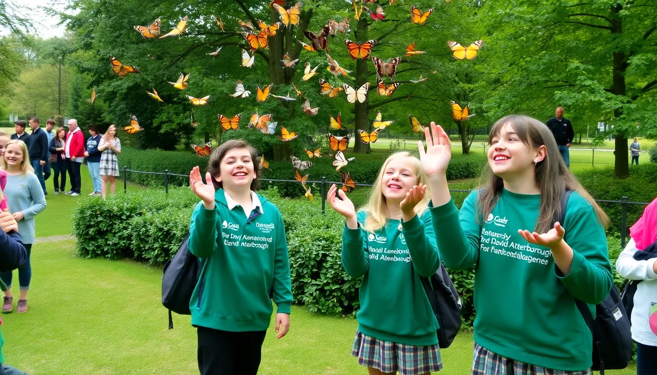 Students joyfully release colorful butterflies into the air in a park, celebrating the legacy of David Attenborough and promoting environmental awareness.