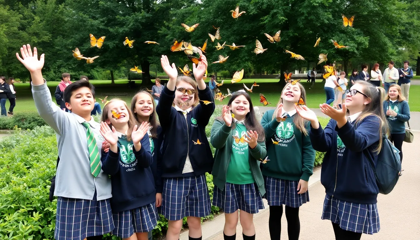 Children joyfully watch as vibrant butterflies take flight, symbolizing hope and the importance of ecological preservation