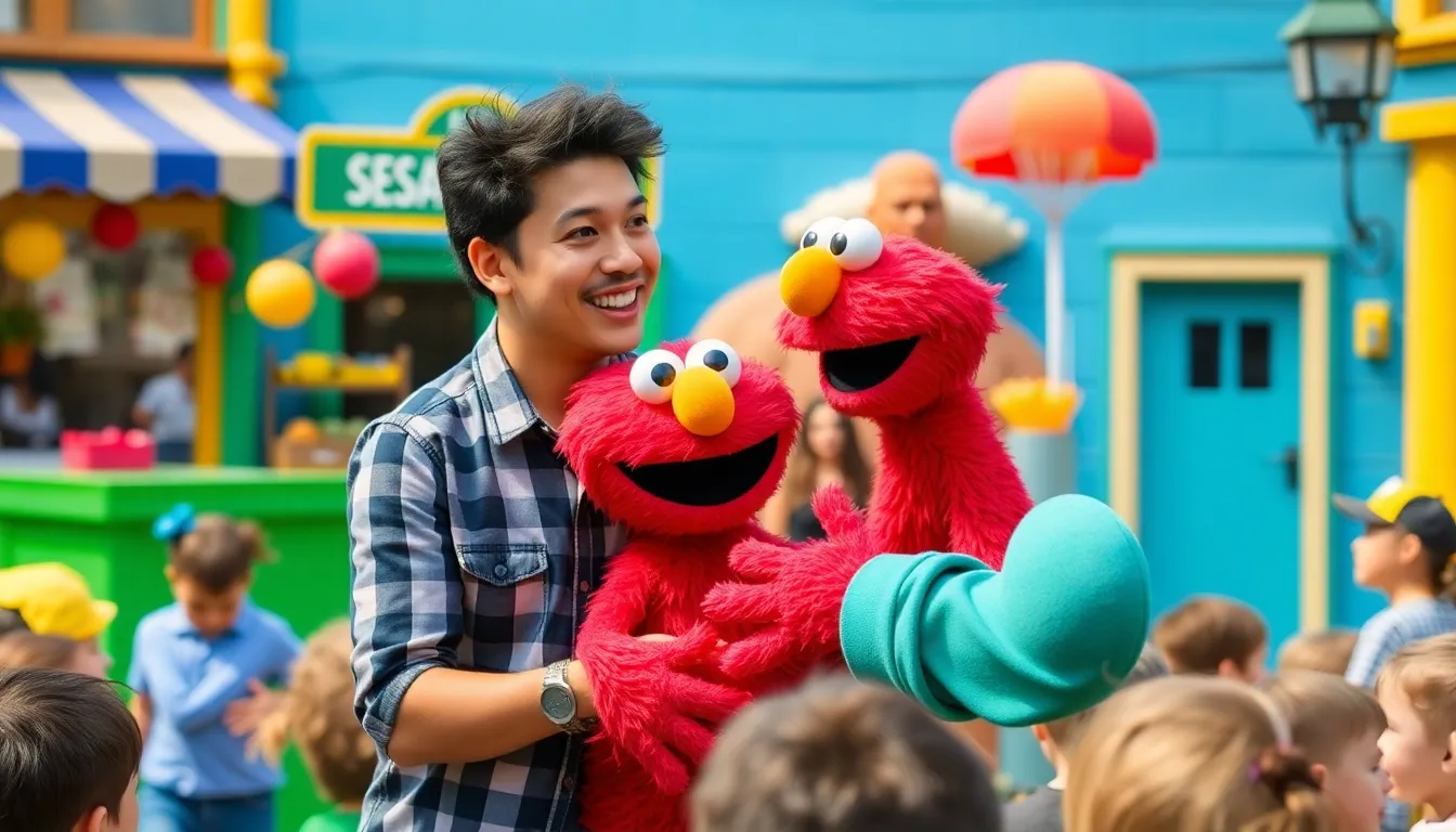 Ramy Youssef engages with Elmo on Sesame Street, demonstrating Arabic words while surrounded by colorful set pieces and attentive young viewers.