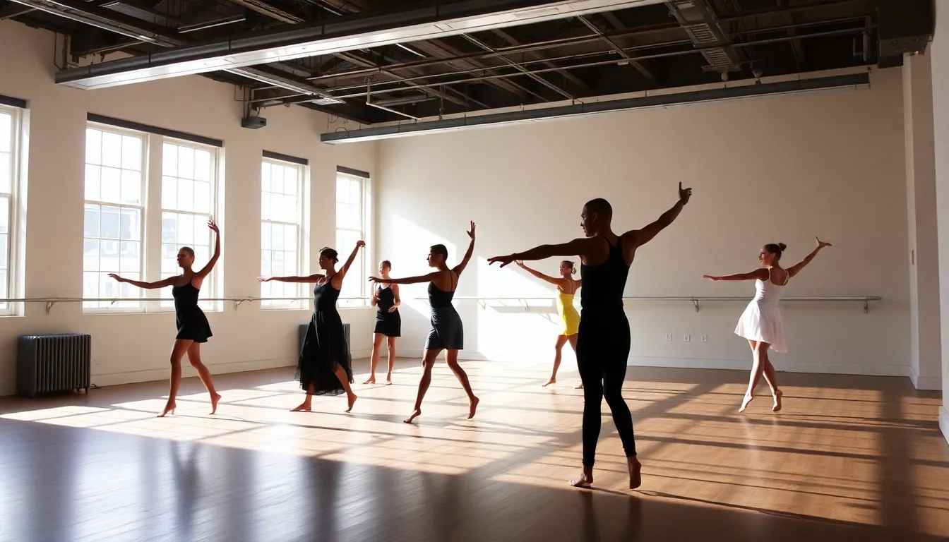 A choreographer directing dancers during a practice session, illustrating the collaborative spirit that connects visual art and performance in Rauschenberg's work
