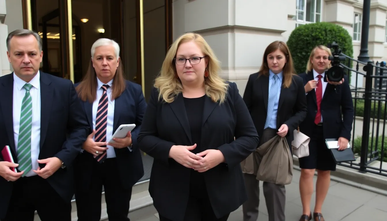 Rebel Wilson stands outside a courthouse, flanked by her legal team, as she prepares to address the media following the conclusion of her defamation case.
