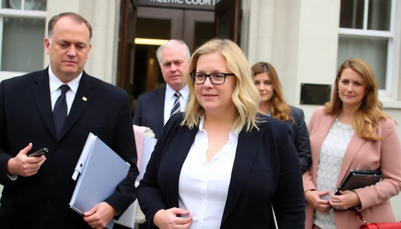 A courtroom scene where lawyers present arguments regarding the defamation case, highlighting the tension between freedom of speech and individual reputation