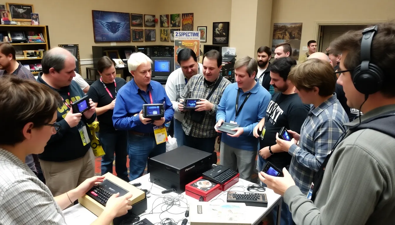 A group of retro gaming enthusiasts gathers at a convention, excitedly discussing and showcasing their ZX Spectrum devices while surrounded by vintage gaming memorabilia.