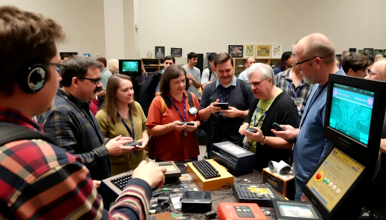 Enthusiasts gather at a retro gaming event, discussing the cultural significance of the ZX Spectrum and advocating for the preservation of its history