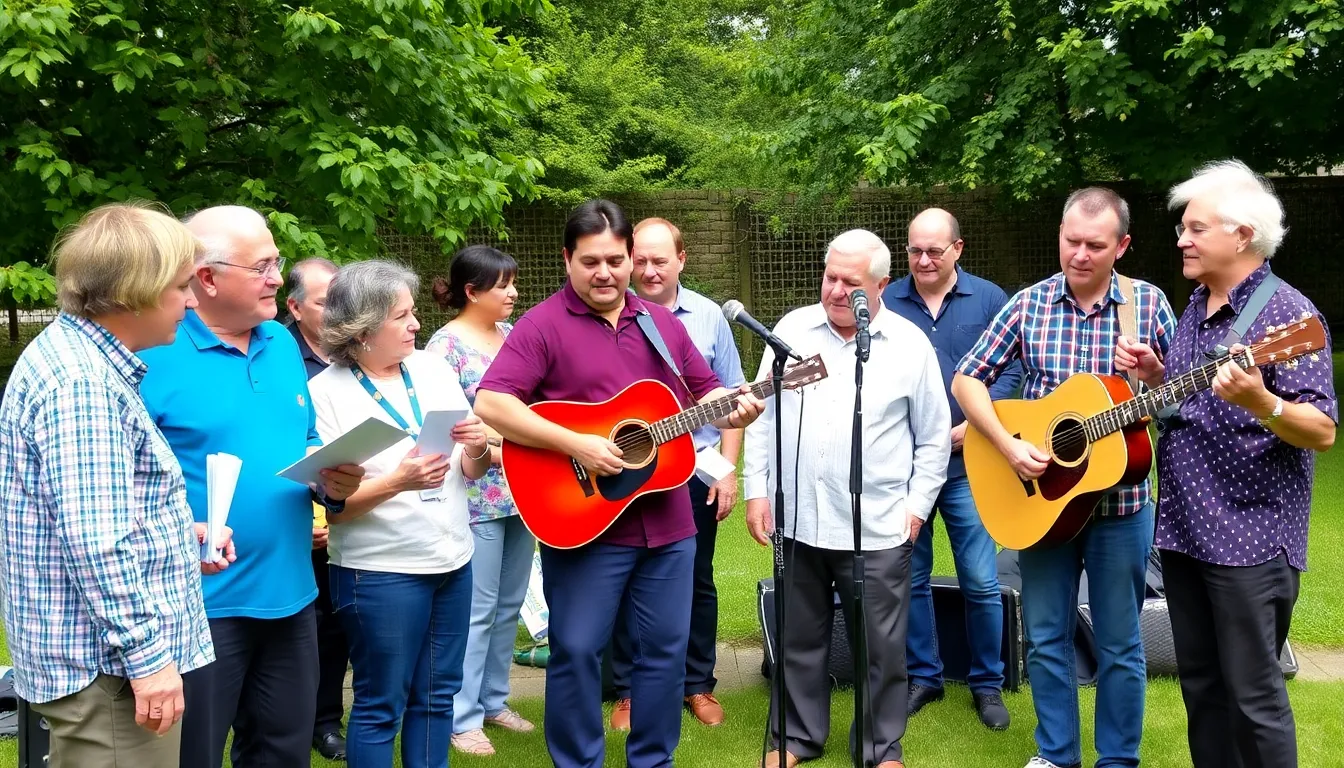 A group of musicians gathers at a memorial event to honor the legacy of Andy Kershaw, sharing stories and performances that celebrate his influence on global music.