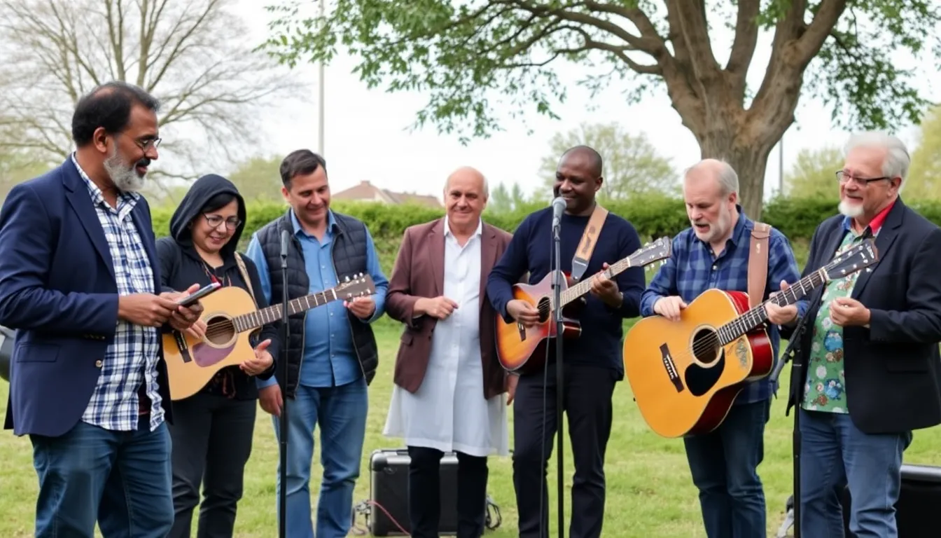 A diverse group of musicians performing together, reflecting the variety of global sounds that Kershaw passionately promoted