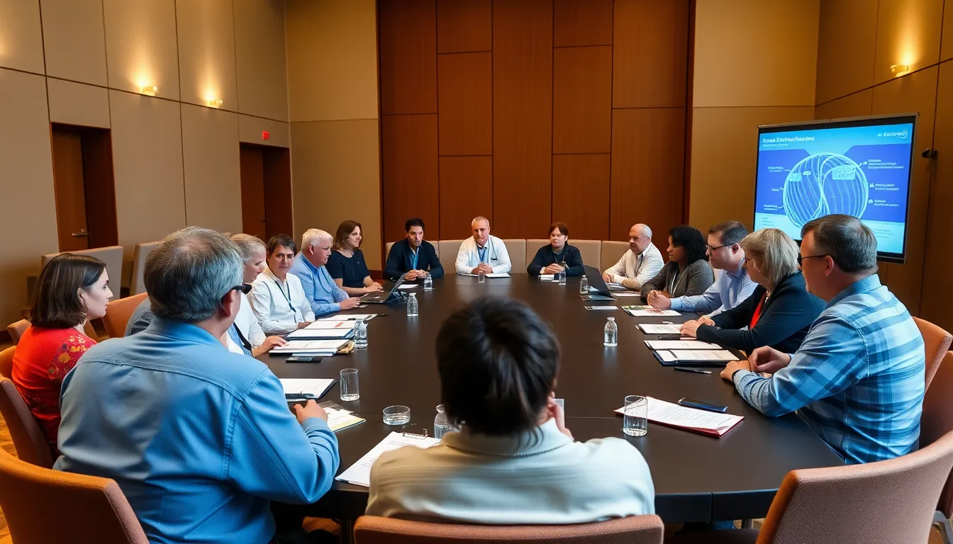 A vibrant biotech conference where industry leaders discuss the future of synthetic biology and personalized medicine, inspired by Venter's groundbreaking work