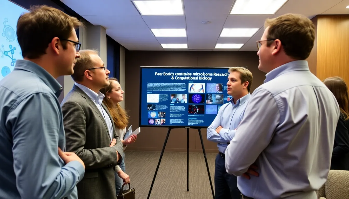 A diverse team of researchers discussing groundbreaking advancements in computational biology at a conference, reflecting on Bork's legacy in the field