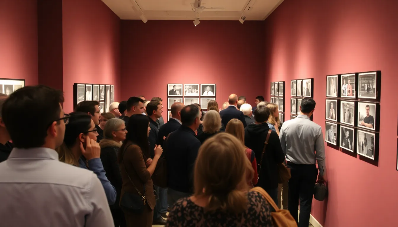 Attendees discussing the emotional impact of Matić's snapshots while observing the Perspex mounting technique