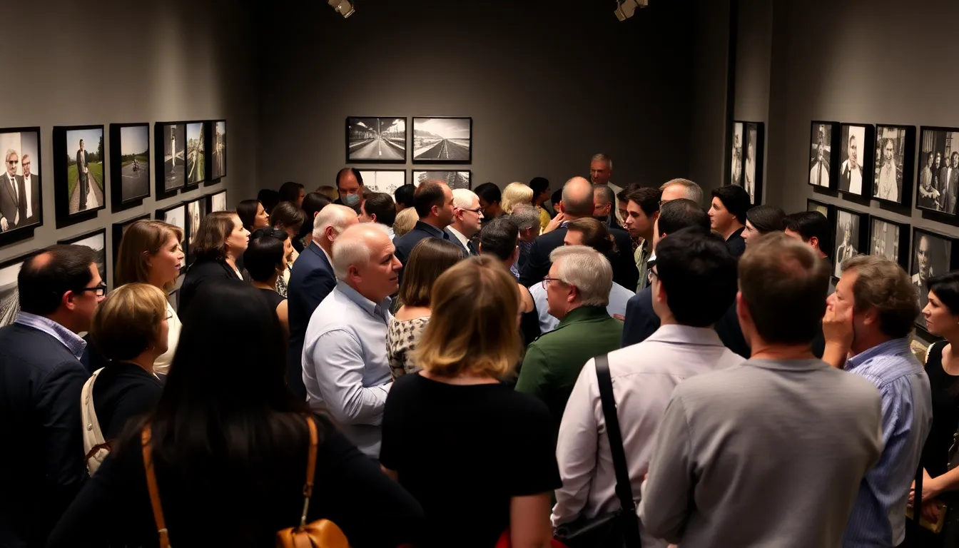 A crowd of art enthusiasts gathers in a London gallery, discussing the recent exhibition of Rene Matić's snapshots mounted in Perspex, while some attendees express disappointment over the traditional display methods.