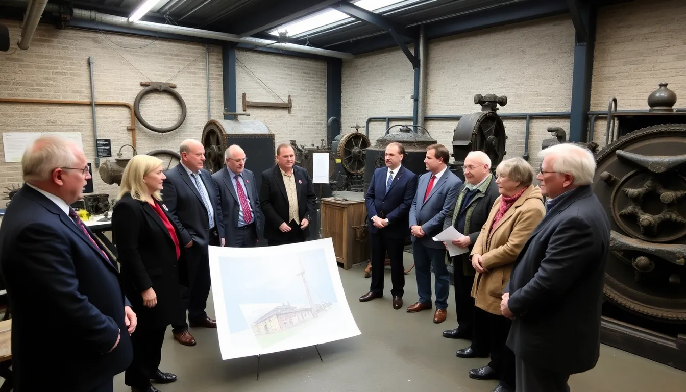 A group of officials and renewable energy experts discuss plans for a new renewable energy hub at the National Mining Museum Scotland, surrounded by historical coal mining artifacts.