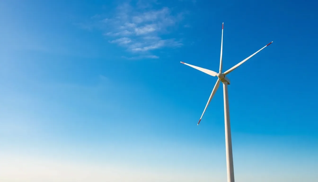 A wind turbine stands tall against a clear blue sky, symbolizing the growing shift towards renewable energy in the fight against fossil fuels.