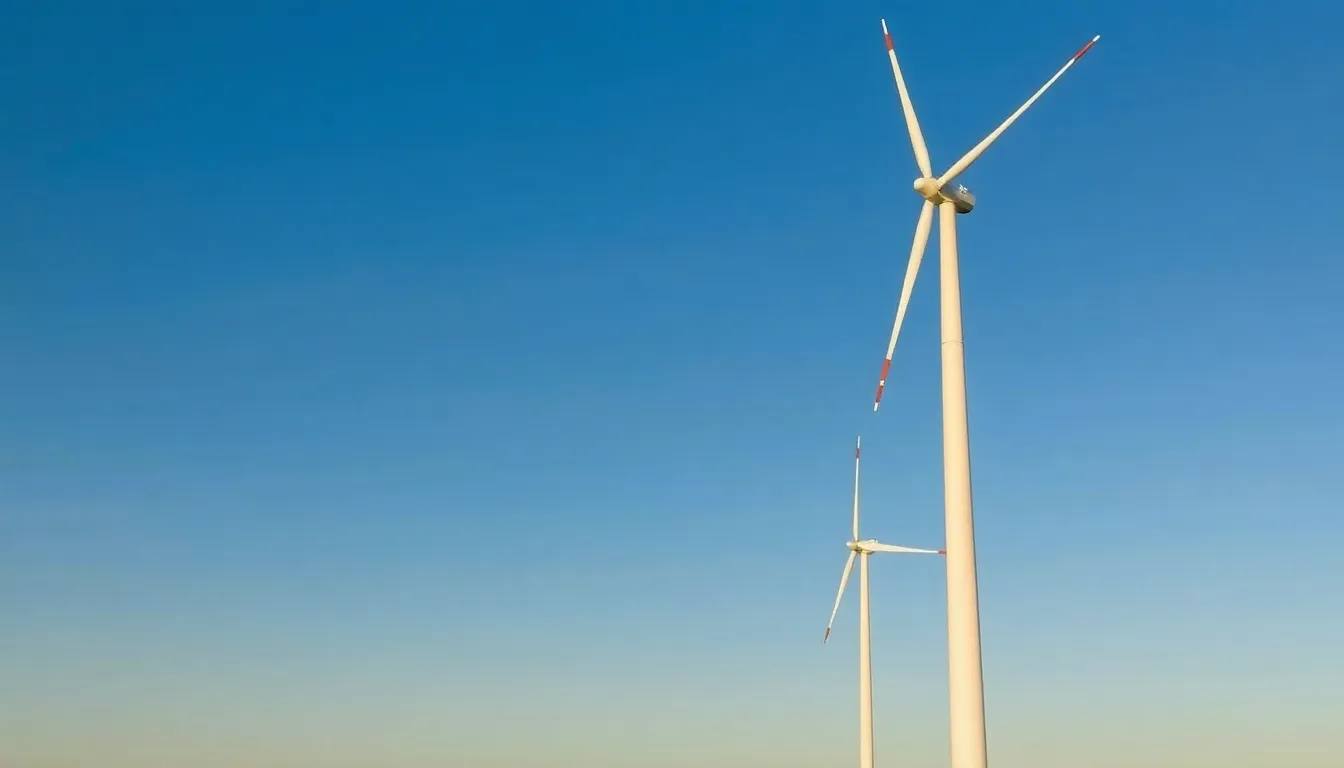 Wind turbines standing tall on a hillside, spinning gracefully in the breeze and generating renewable energy for nearby communities