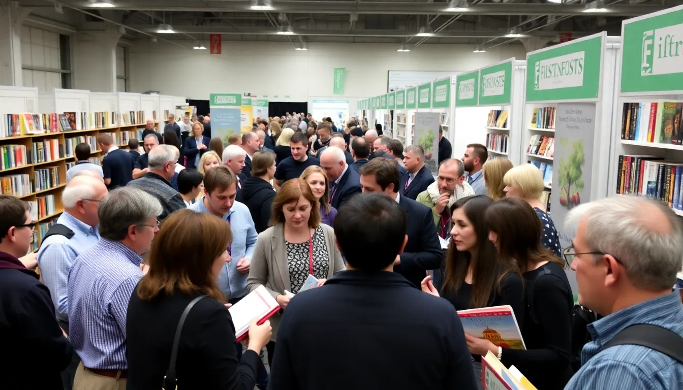 A diverse group of authors and literary enthusiasts engage in animated discussions at the Firsts London Book Fair, centered around the theme of revolution and its impact on literature and society.