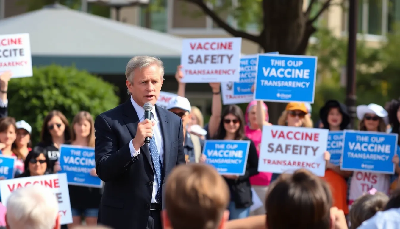 Robert F. Kennedy Jr. speaks at a rally, surrounded by supporters holding signs advocating for vaccine safety and transparency.