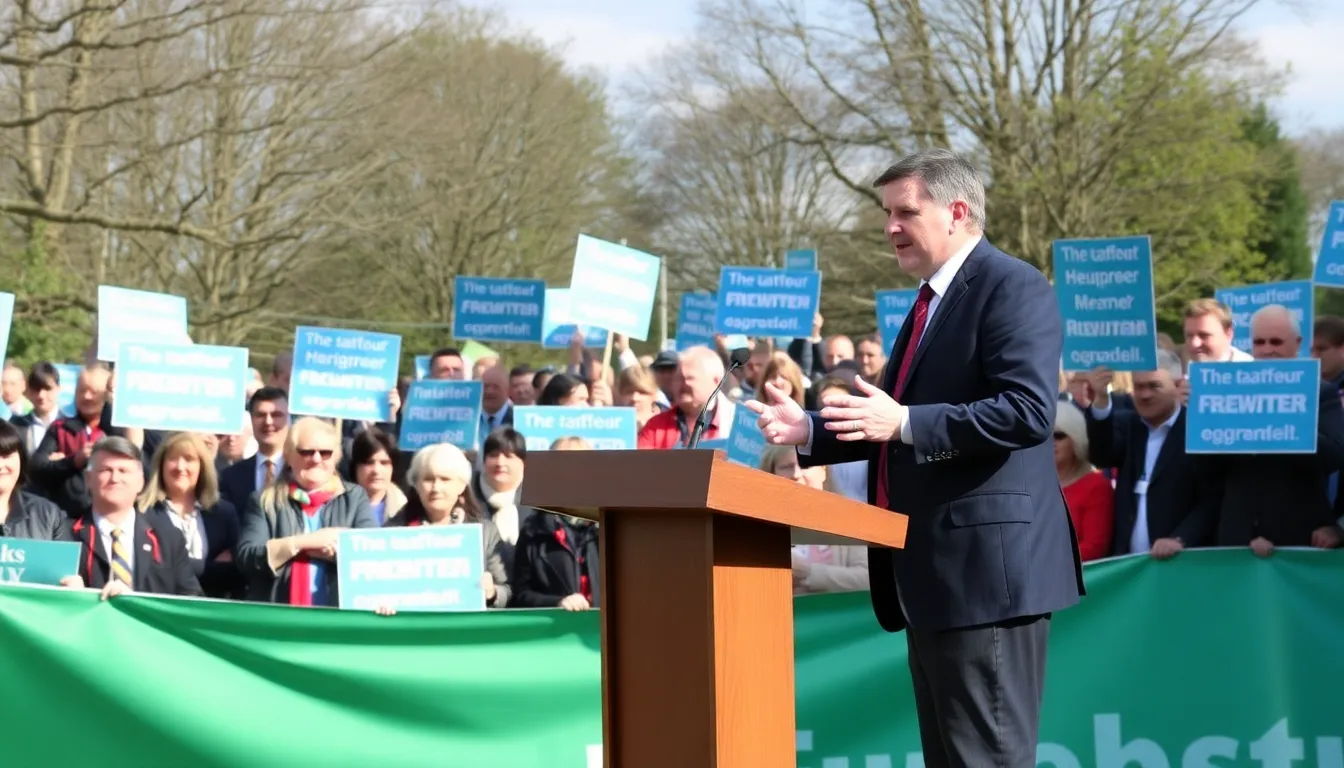 Rhun ap Iorwerth speaks passionately to a crowd of supporters during a campaign rally, emphasizing his vision for a more independent Wales and addressing key issues like climate change and social justice.