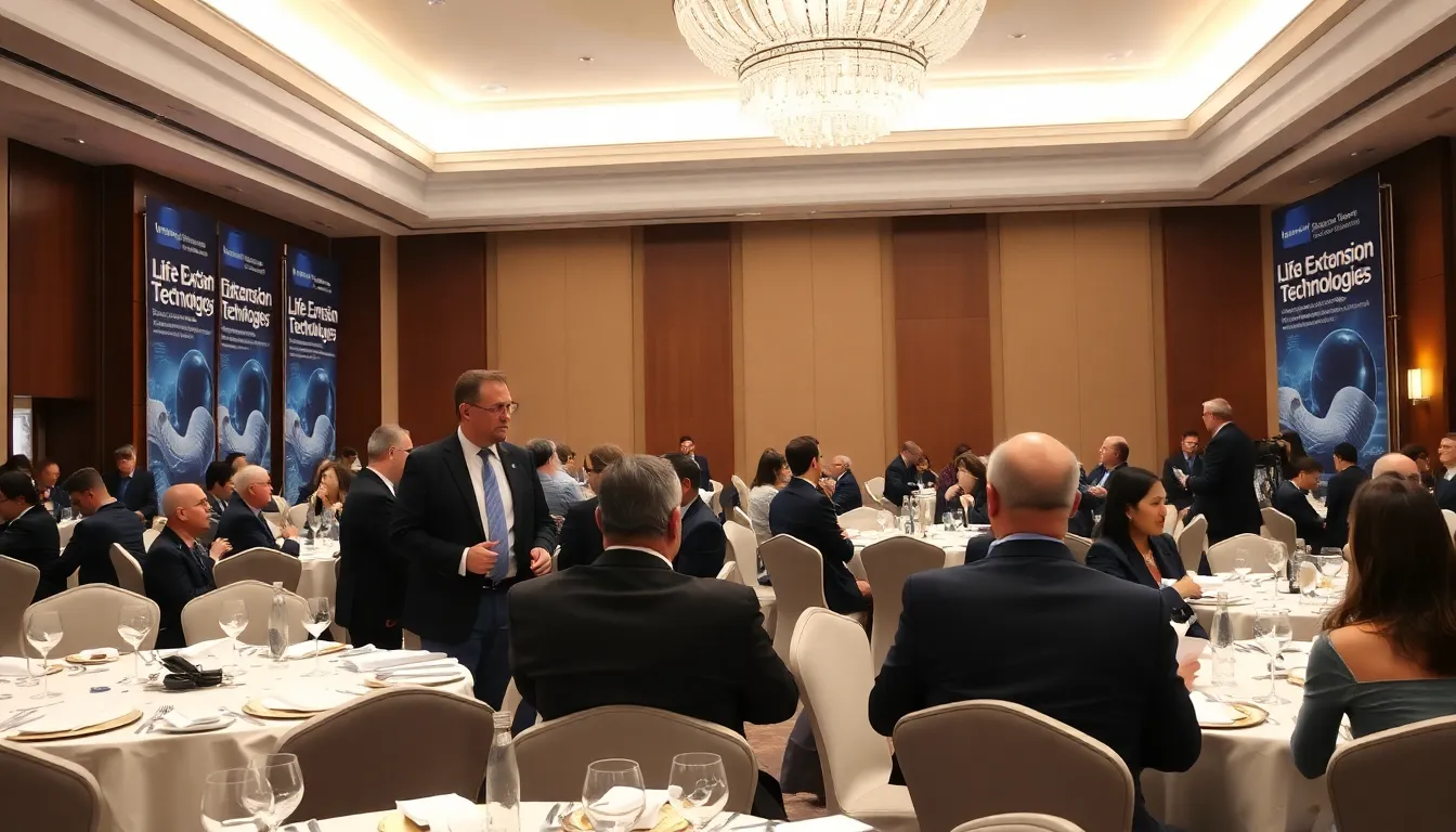 A group of affluent individuals gathers at a highprofile conference, discussing the latest advancements in life extension technologies and their potential impact on society.