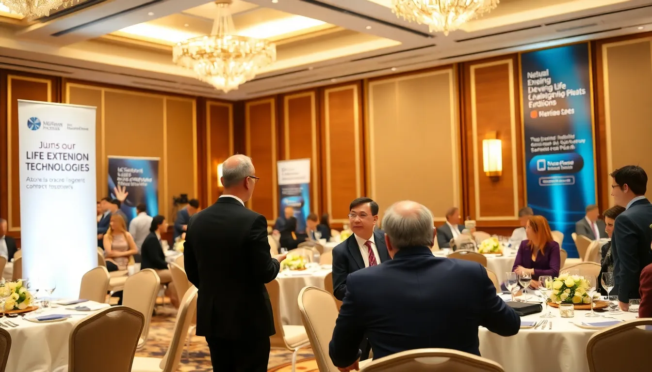 Wealthy patrons engaged in discussions about the ethical implications of antiaging research and its accessibility to the general public