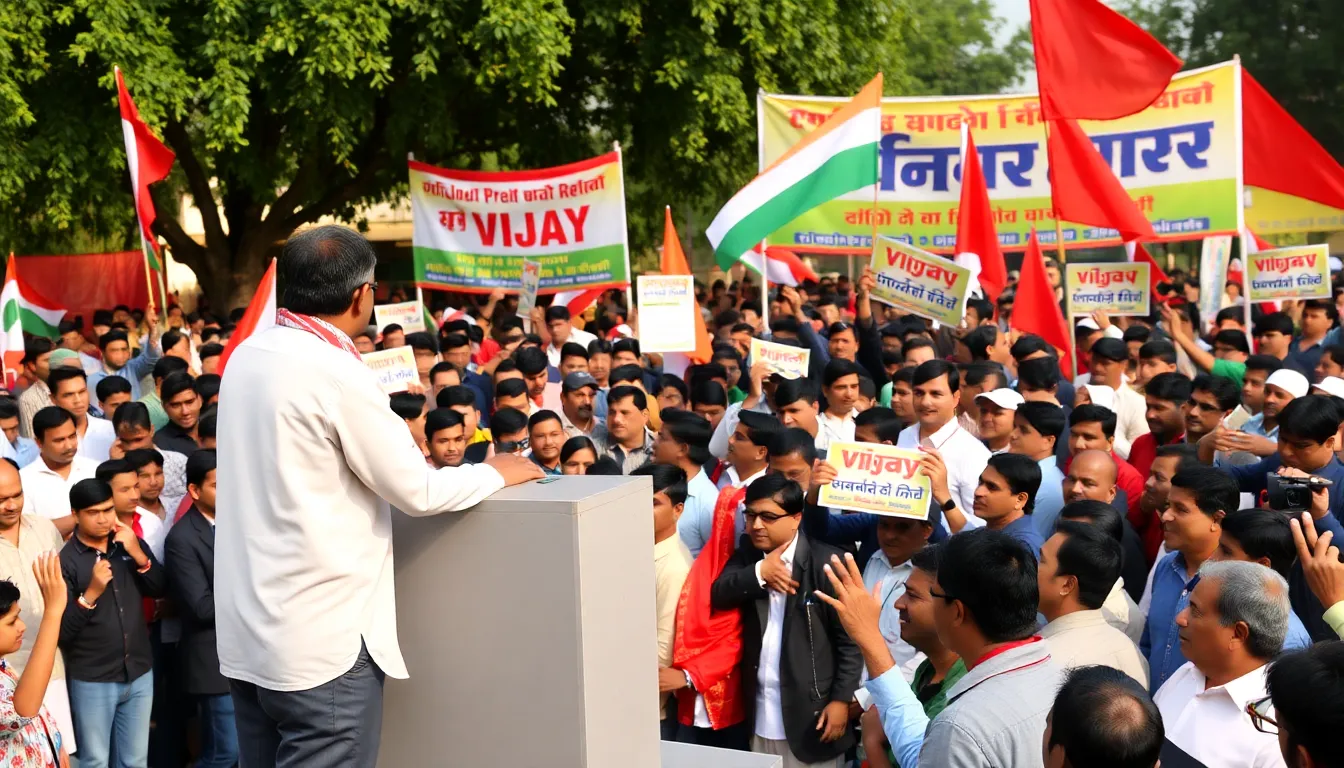 A group of young supporters mobilizing for a political campaign, showcasing their enthusiasm and commitment to bringing about social change inspired by Vijay