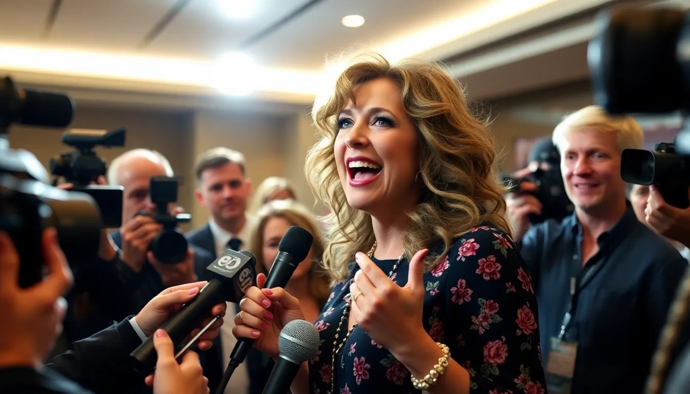 Rita Wilson speaks passionately about her new album during a press event, surrounded by reporters and cameras in a brightly lit venue.