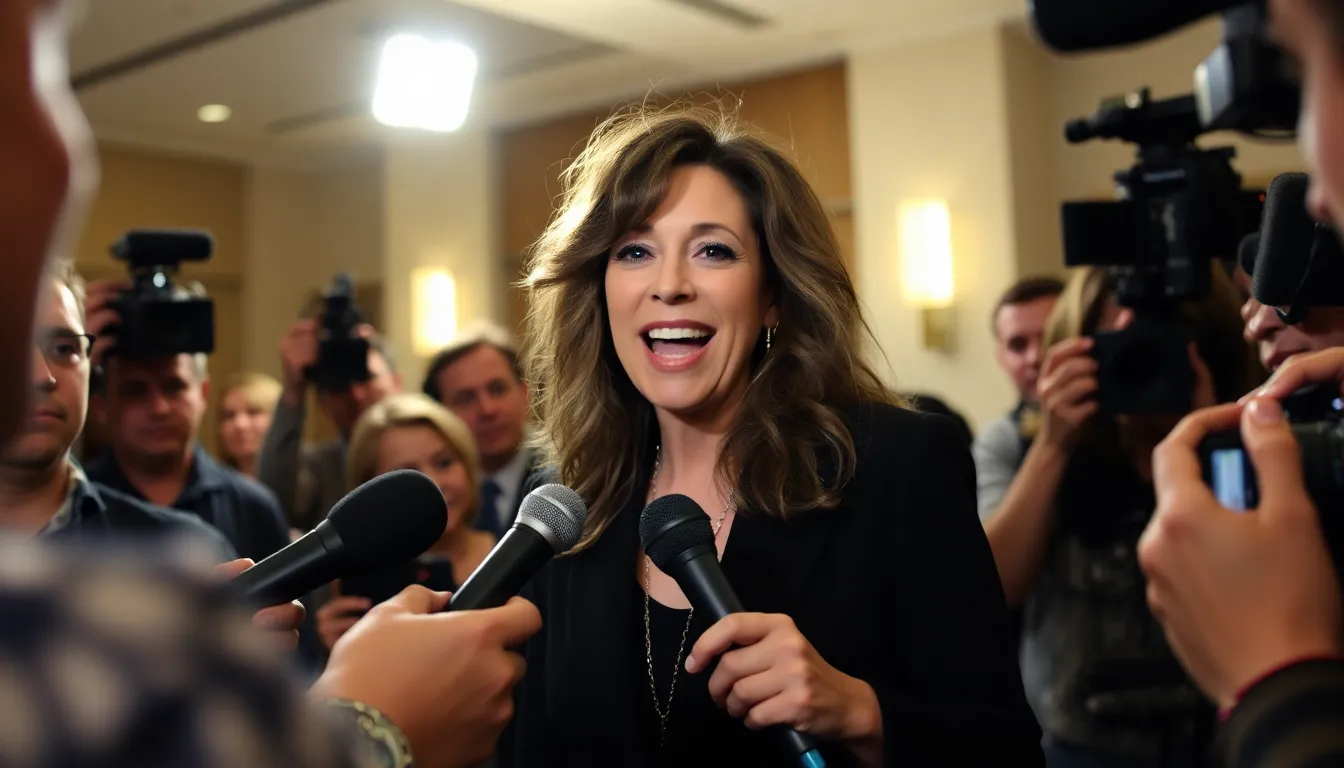 A lively scene from a promotional event where Rita Wilson interacts with fans, sharing insights about her experiences in the entertainment industry
