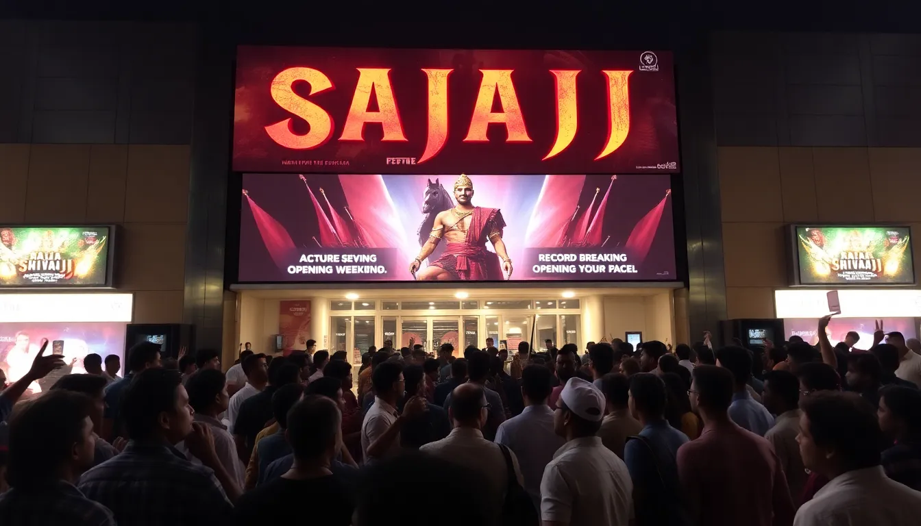 Crowds gather outside a cinema in Maharashtra, eagerly waiting to watch the blockbuster film Raja Shivaji, celebrating its recordbreaking opening weekend.
