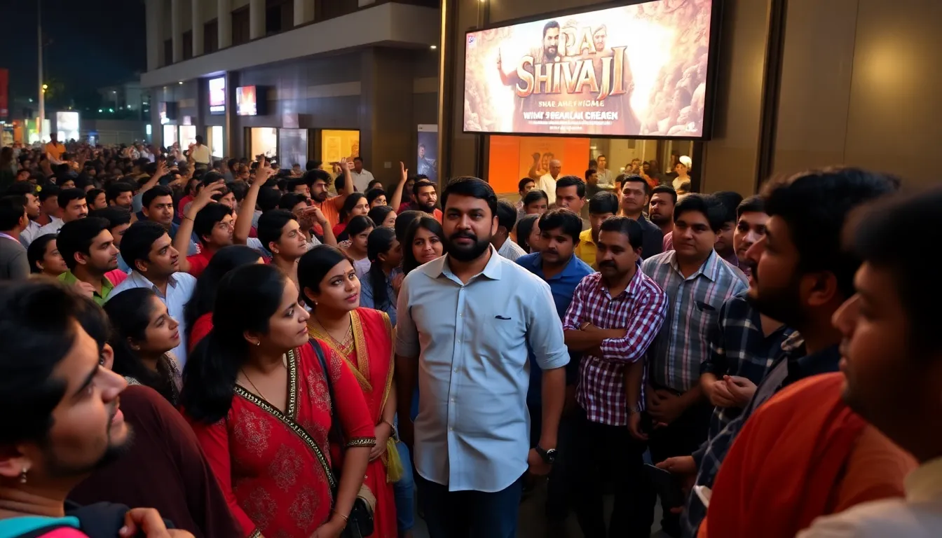 A packed cinema audience enthusiastically watching the debut screening of 'Raja Shivaji', reflecting the film's immense popularity