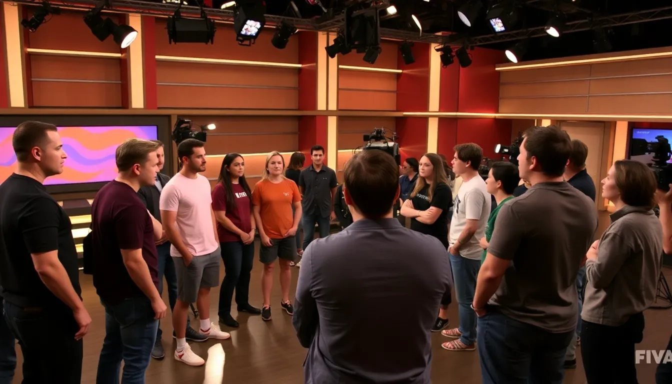 Contestants from Rivals season two gather in a bustling studio, preparing for an intense challenge as crew members adjust cameras and lighting in the background.