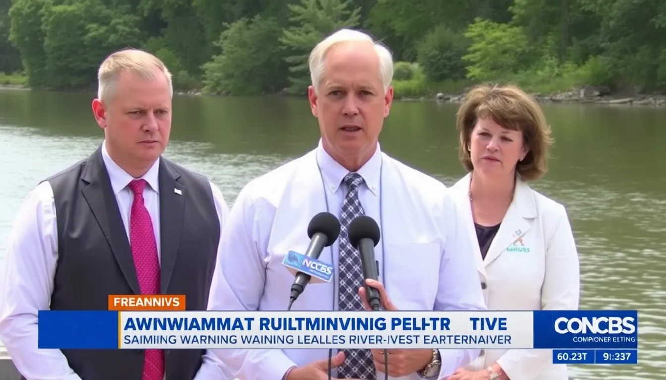 Health officials stand by a riverbank, holding a press conference to announce swimming warnings due to elevated bacteria levels in the water.