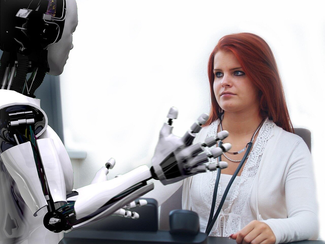 A bustling office environment where employees are utilizing AI tools, emphasizing the transformation of the workforce due to advanced robotics