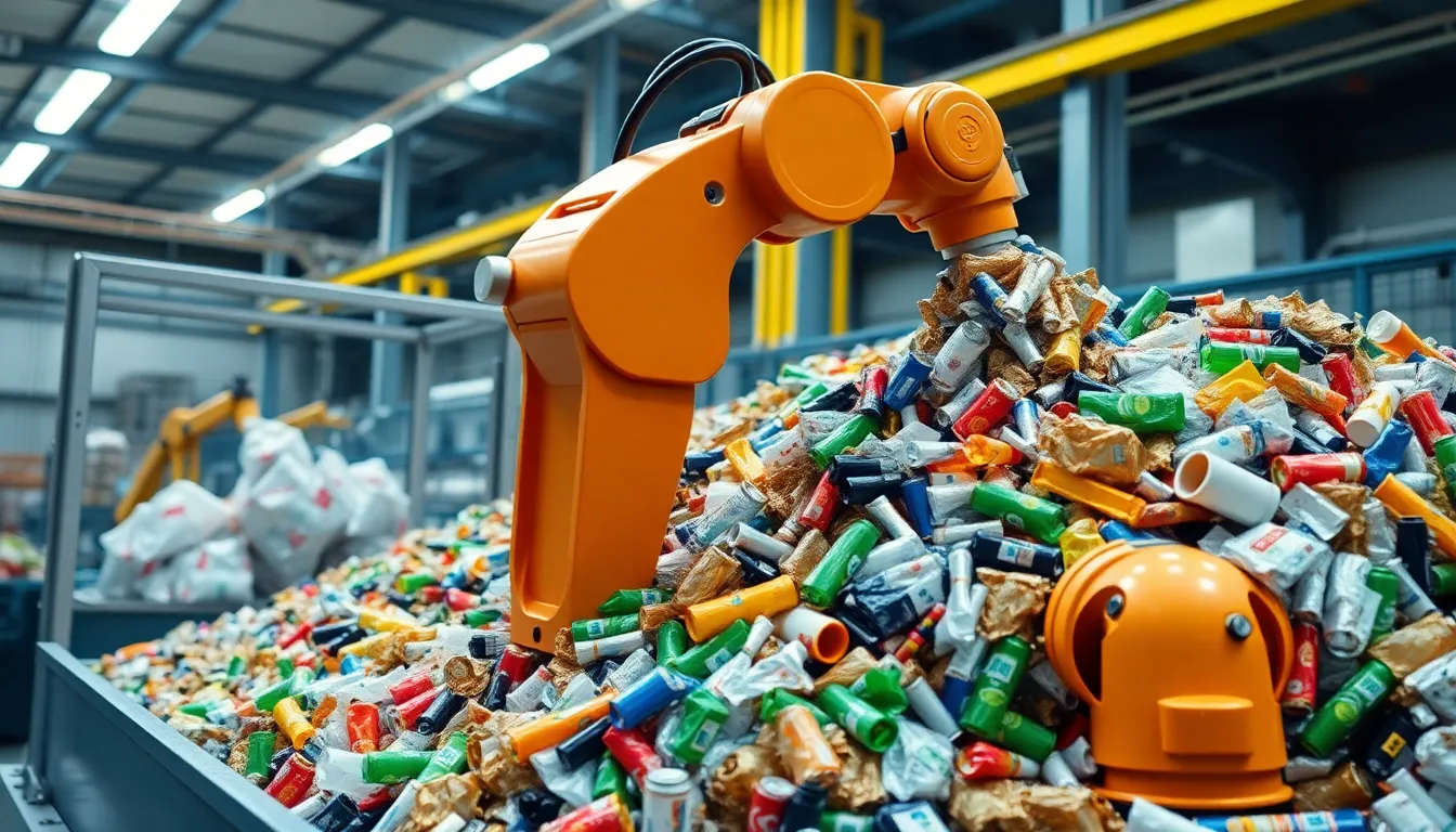 A robotic arm sorts through a pile of recyclables at a waste management facility, highlighting the industry's shift towards automation amid staffing shortages.