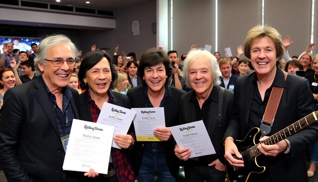 The Rolling Stones announce their new album Foreign Tongues during a press conference, with band members smiling and holding promotional materials while fans cheer in the background.