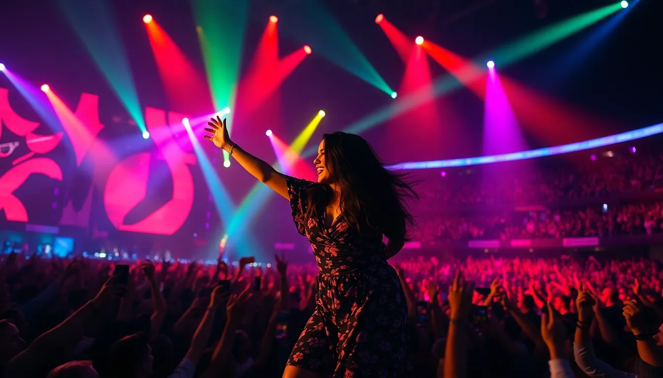 Fans eagerly cheer and sing along, creating an electric atmosphere filled with excitement and anticipation for Rosalía's performance