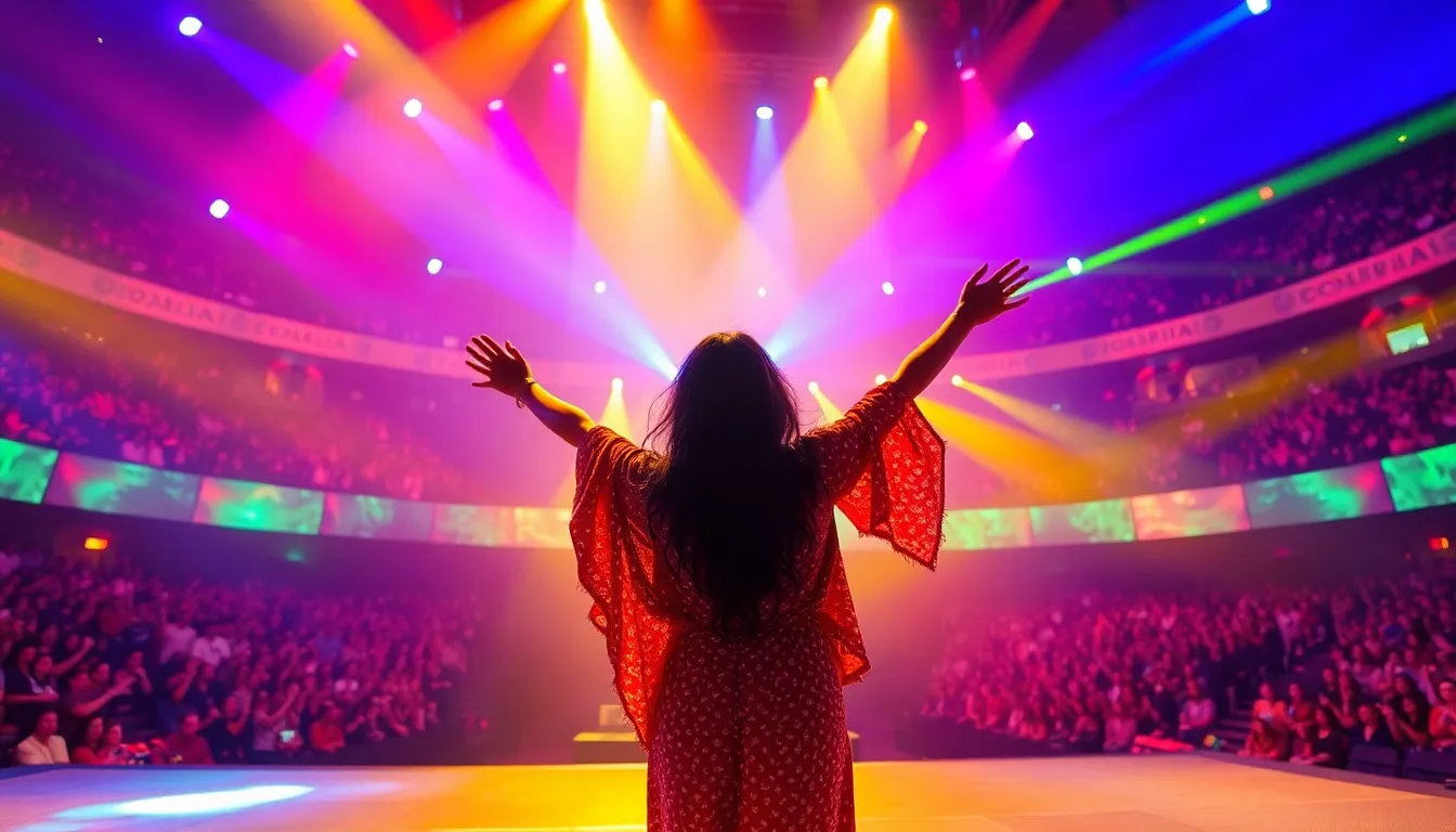 The elaborate stage design showcases a fusion of traditional flamenco and contemporary pop elements, reflecting Rosalía's artistic vision
