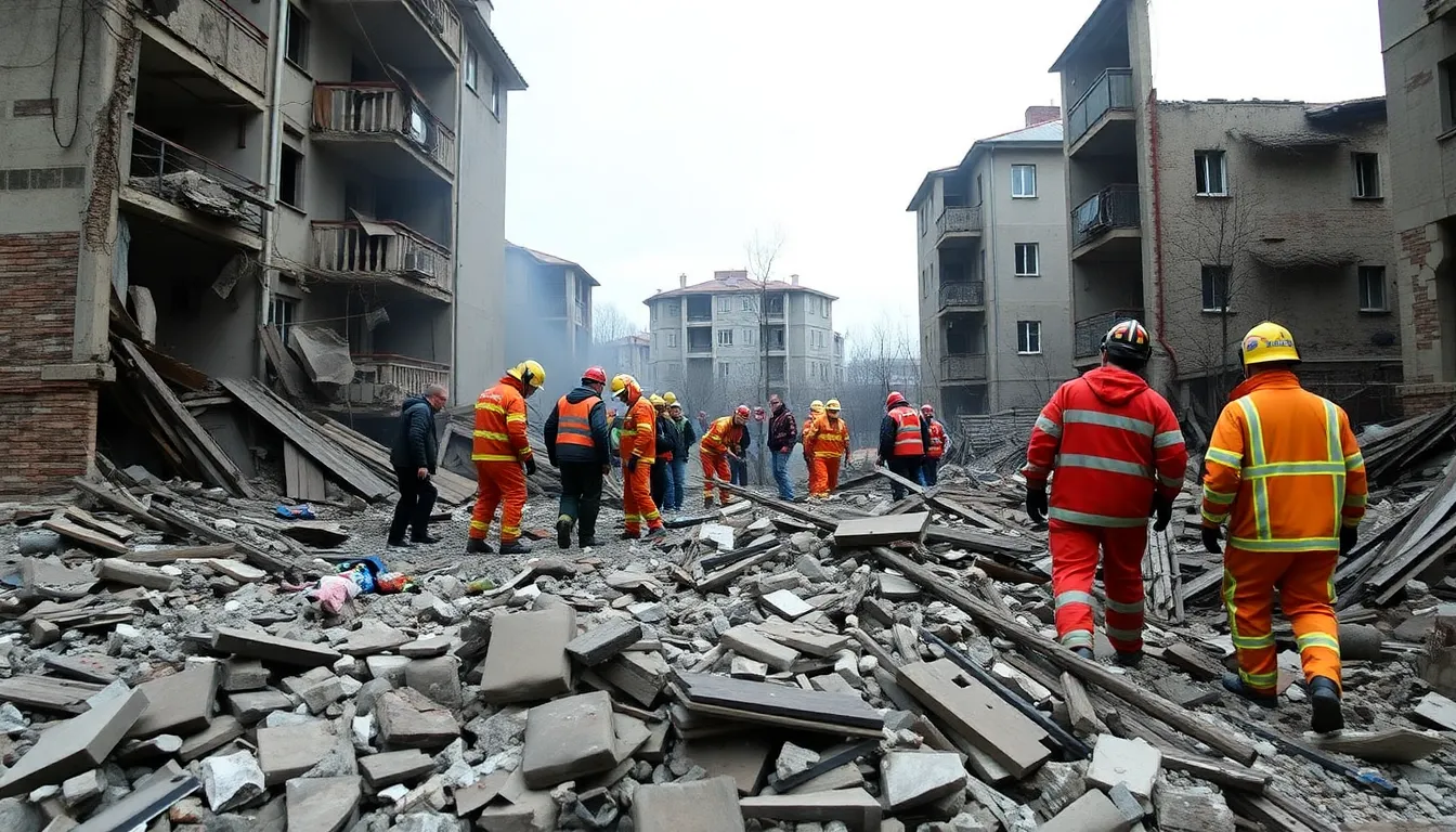 Smoke and debris fill the air as emergency responders search for survivors amidst the ruins of a residential building heavily damaged by recent airstrikes in a Ukrainian city.