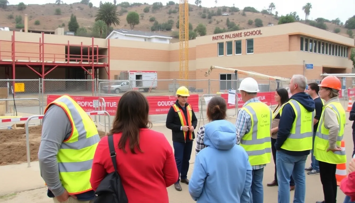 Construction workers are seen assessing the rebuilding site at Pacific Palisades High School, surrounded by safety barriers and equipment as community members express concerns about student safety following recent wildfires.
