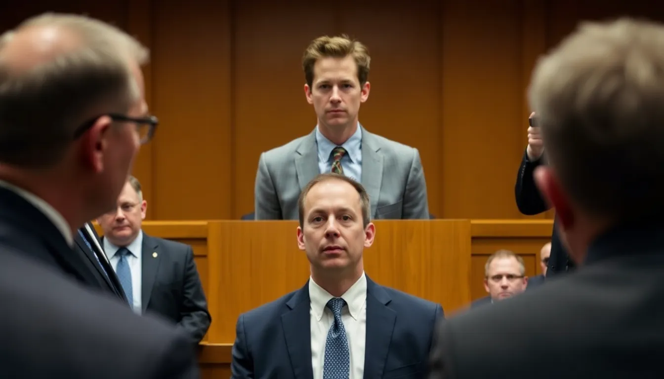 A tense courtroom atmosphere as stakeholders from various sectors observe Sam Altman's testimony, reflecting the high stakes of the trial for the future of AI regulation