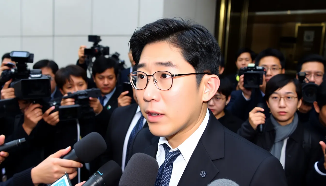 Lee JaeYong speaks to reporters outside a courthouse, surrounded by a crowd of journalists and onlookers, as he faces ongoing legal challenges related to his family's business succession at Samsung.