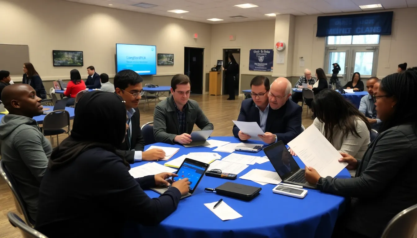 A group of cybersecurity experts discusses strategies to combat sophisticated scams during a public awareness event at a community center.