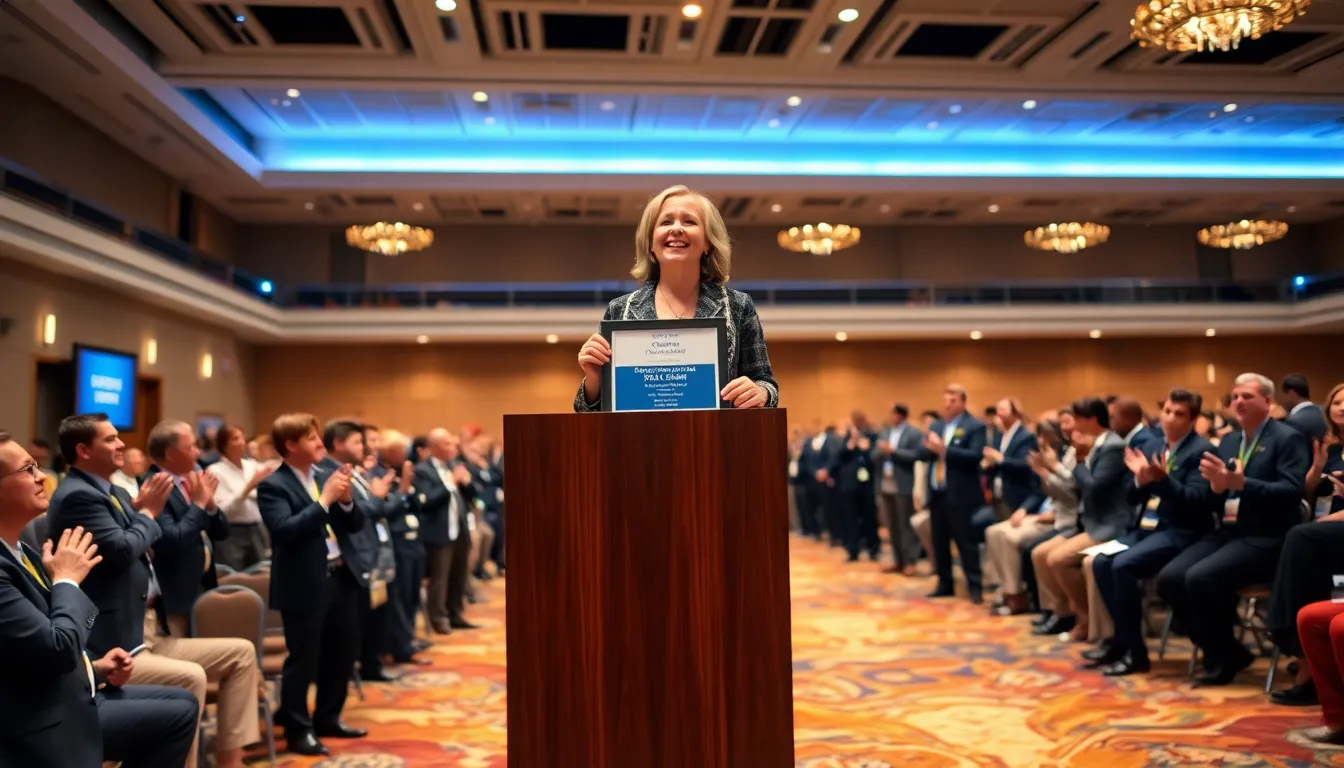 Dr. Emily Carter stands at the podium, receiving the Space Education Award during the International Space Education Conference in Houston, Texas, surrounded by applauding attendees.