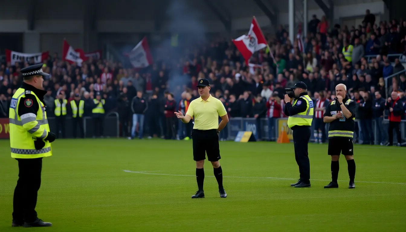 A referee stands on the pitch surrounded by police officers after a match, while Kilmarnock fans express their discontent in the background.