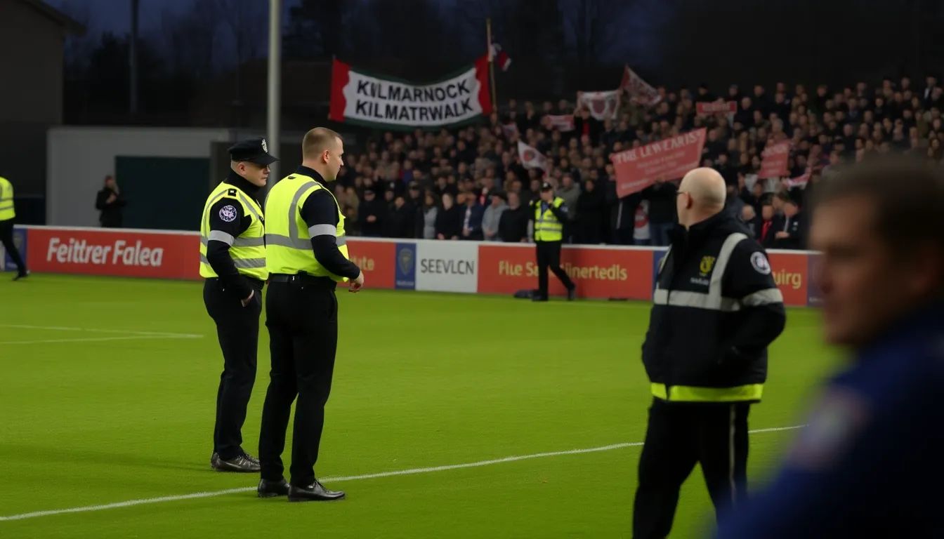 A police presence at a football match, reflecting the heightened security measures taken to protect referees from potential threats