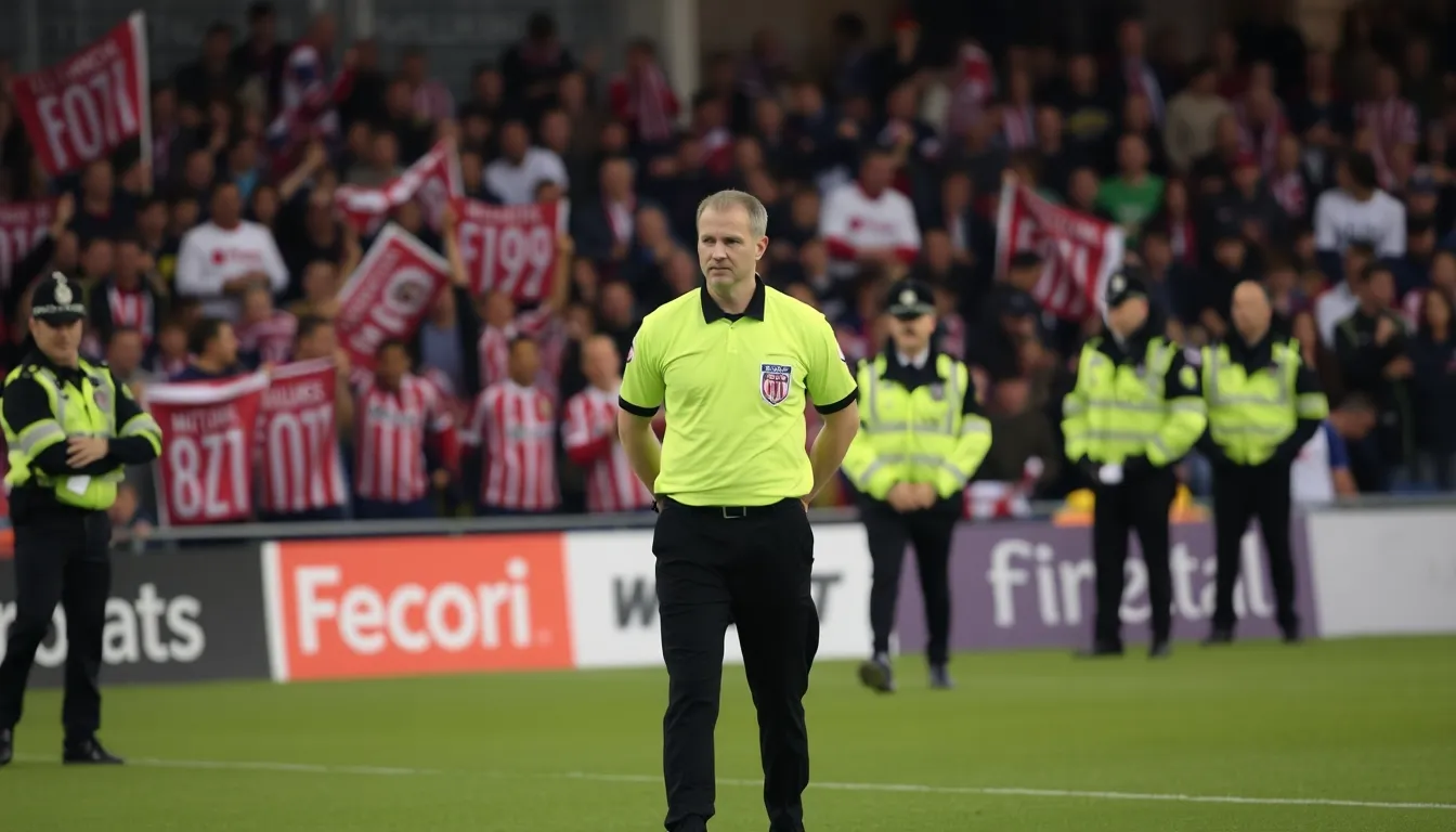 A group of referees discussing safety protocols, emphasizing the need for a supportive environment in Scottish football amid rising tensions