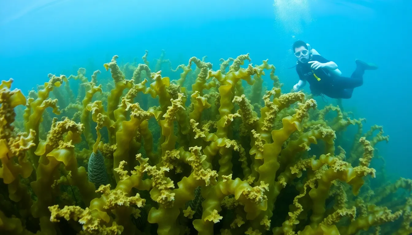 A diver examines a dense underwater kelp forest, highlighting the effects of pollution and nutrient overload on marine ecosystems along the UK coast.