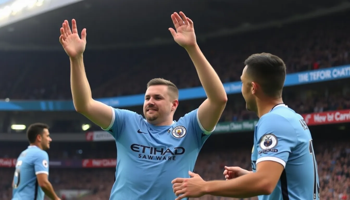 Luke Shaw celebrates with teammates after assisting a goal during Manchester City's 40 victory over West Ham at the Etihad Stadium.