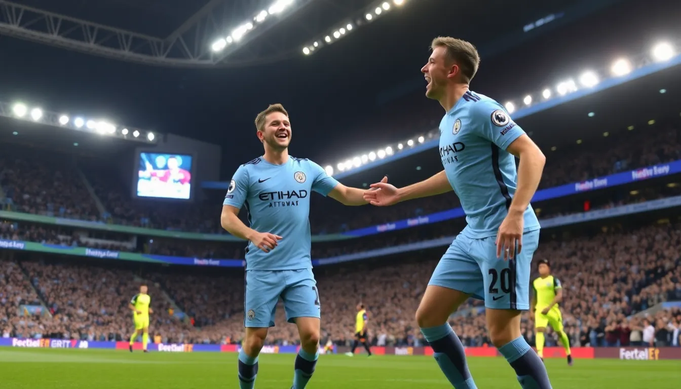 Manchester City players celebrate a goal during the match, reflecting their dominance and team spirit in securing the victory over West Ham