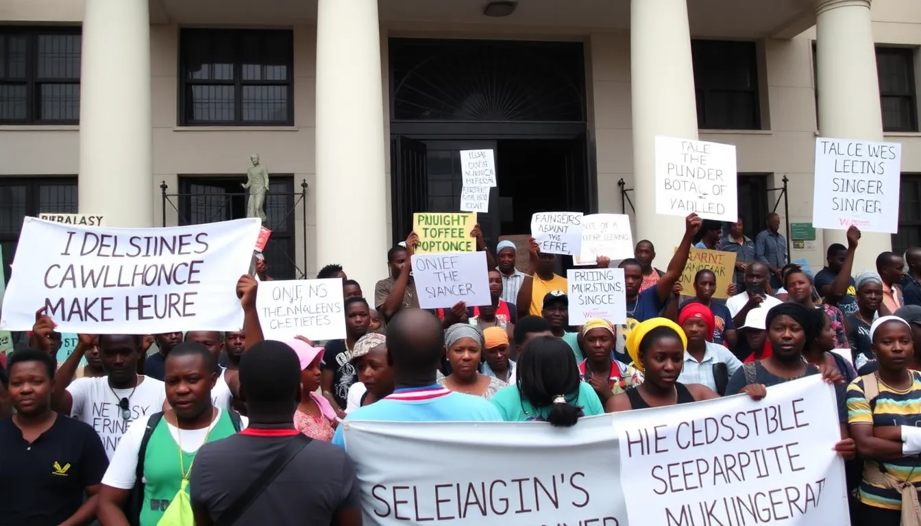 A crowd of supporters gathers outside a courthouse in Freetown, holding banners and chanting for the release of a Sierra Leonean singer imprisoned for his politically charged performance.