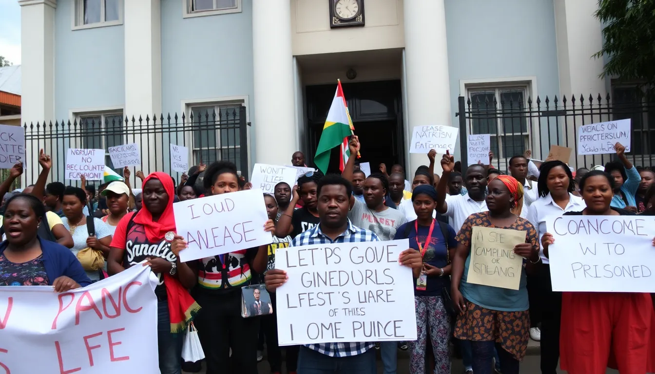 A group of human rights activists gathering in support of the jailed singer, holding signs advocating for free speech and artistic expression