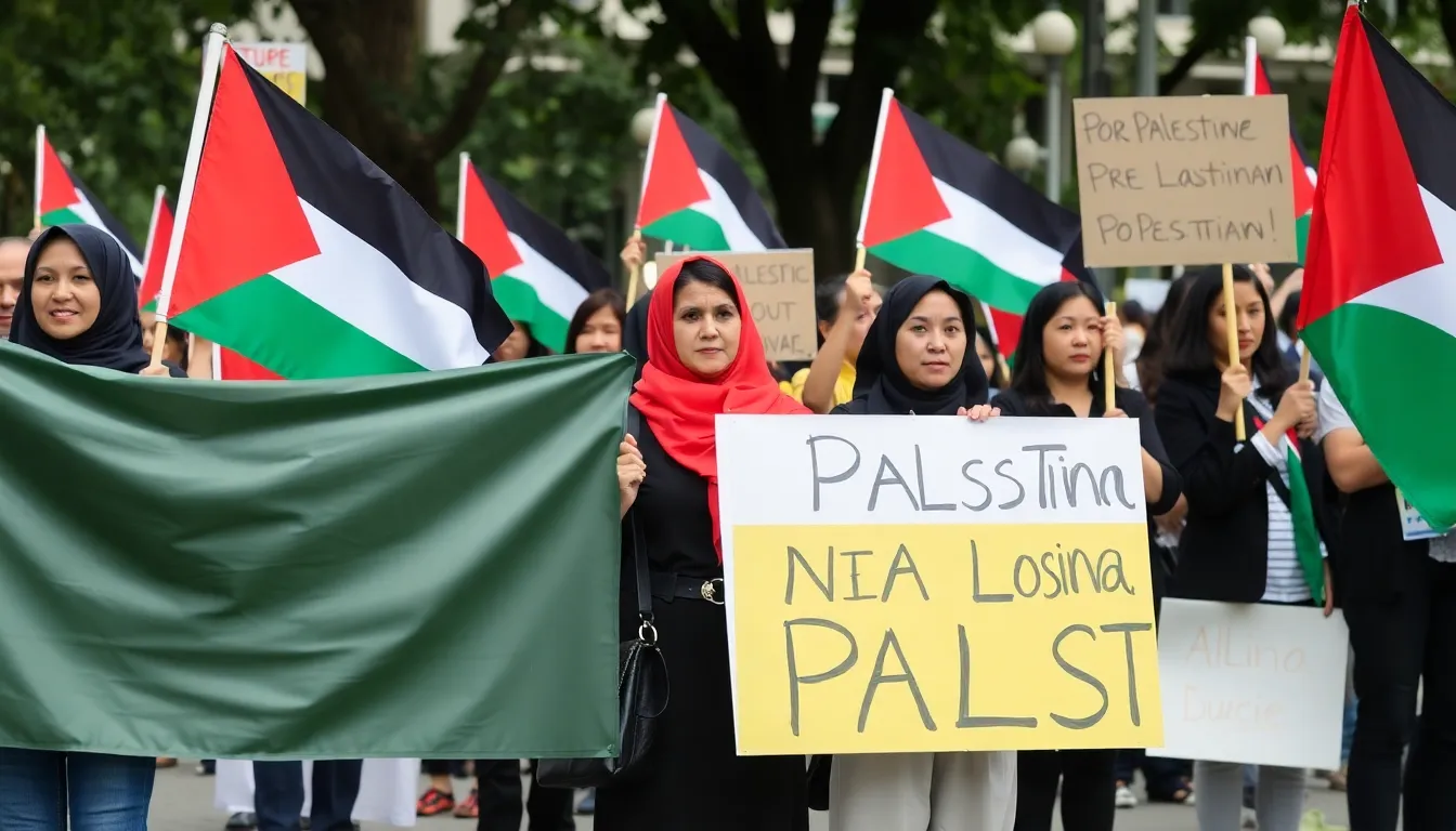 A group of women stands together holding banners during a proPalestinian demonstration in Singapore, expressing solidarity with the Palestinian people amidst ongoing conflicts.